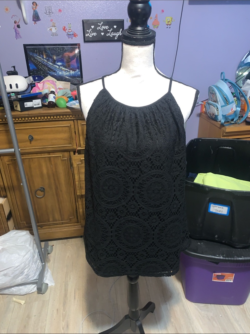 Tacera Women's Black Lace Lined Halter Tank Top Keyhole Back With Tie